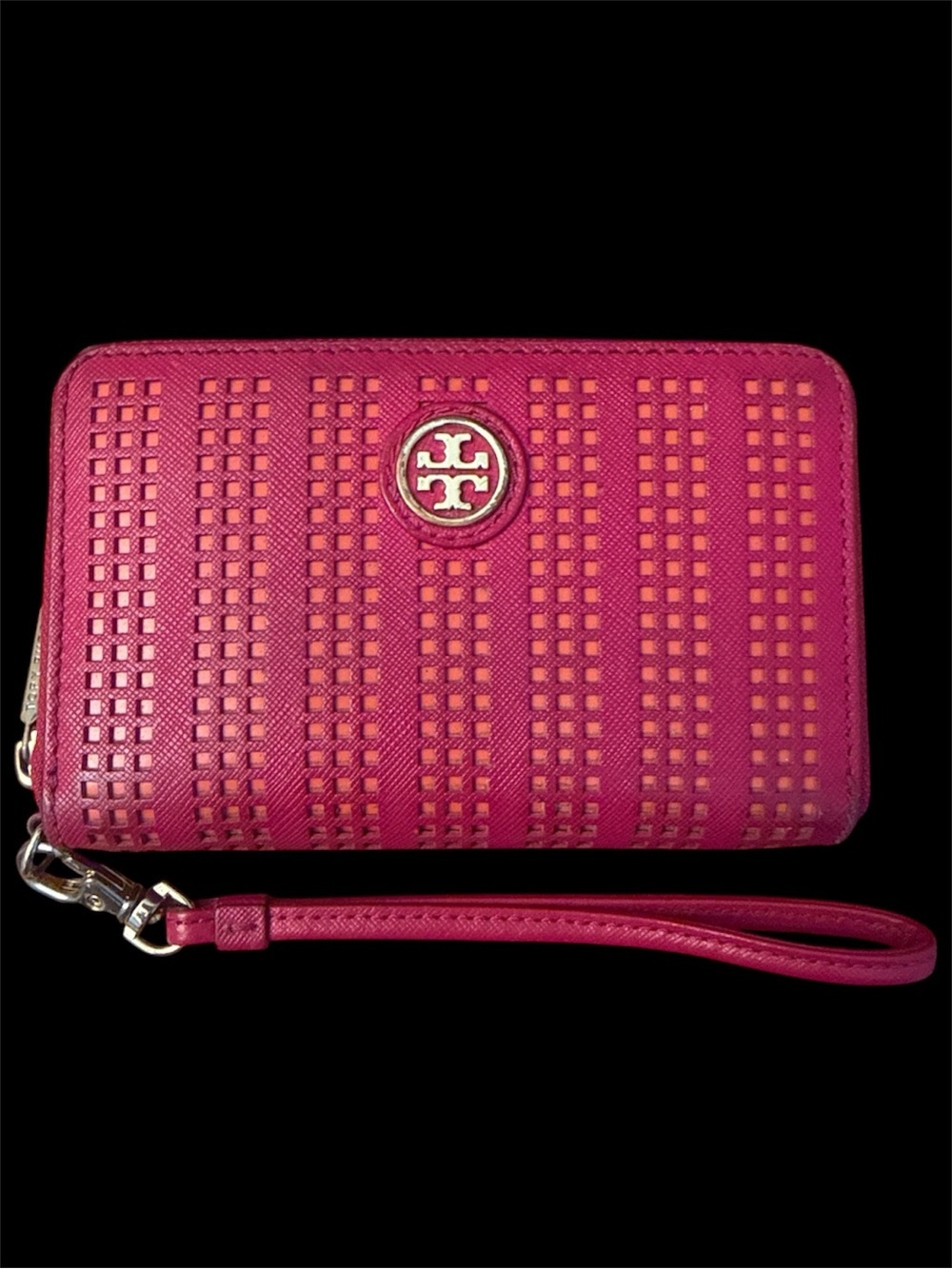 Tory Burch Fuchsia Perforated Leather Wristlet Wallet with Logo Medallion